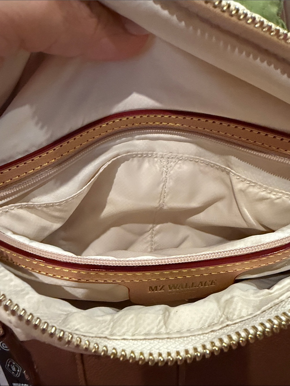 MZ Wallace Crosby Sling Bag - Cream Quilted Crossbody Belt Bag with Tan Trim - Picture 14 of 17